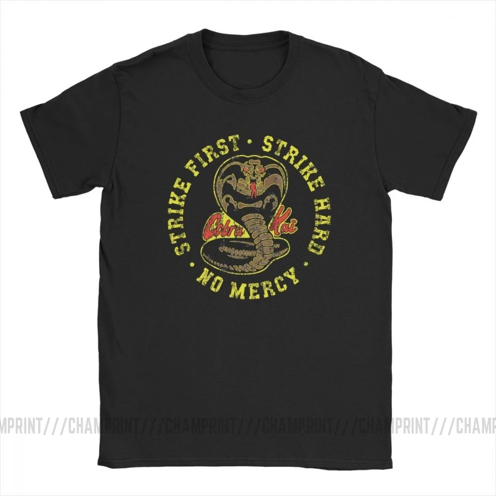 Cobra Kai рваные футболки для Для мужчин первый удар сильный No Mercy Каратэ-Пацан 100%