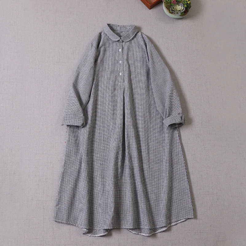 

Japanese Mori Women's Long Sleeve Loose Waist Plaid Midi Dress