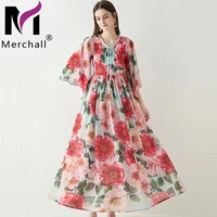 merchall 2021 summer holiday chiffon flower print loose long dress woman lace up batwing sleeve vacation beach dresses m7390