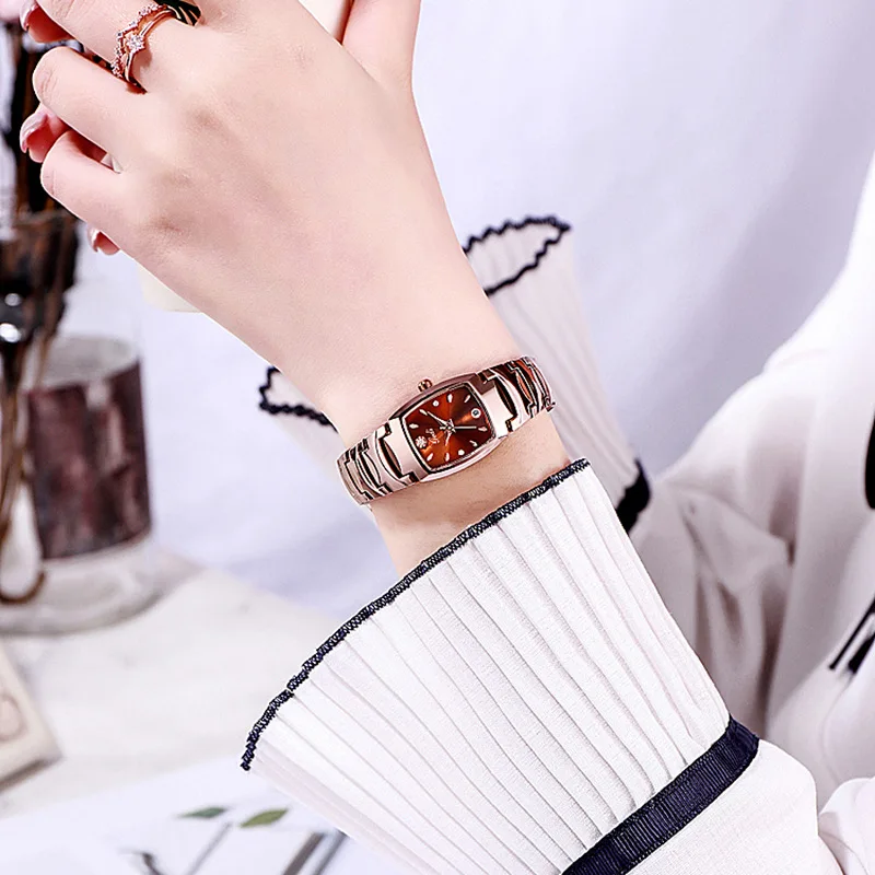 

2021 New Fashion Rose Quartz Watches Women Square Dial Stainless Steel Watch Exquisite Complete Calendar Waterproof Accessories