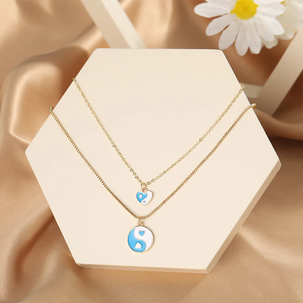 

2pc/set Creative Heart Shaped Tai Chi Pendant Necklace For Women Vintage Fashion Chain Couple Choker Hip hop Accessories Jewelry