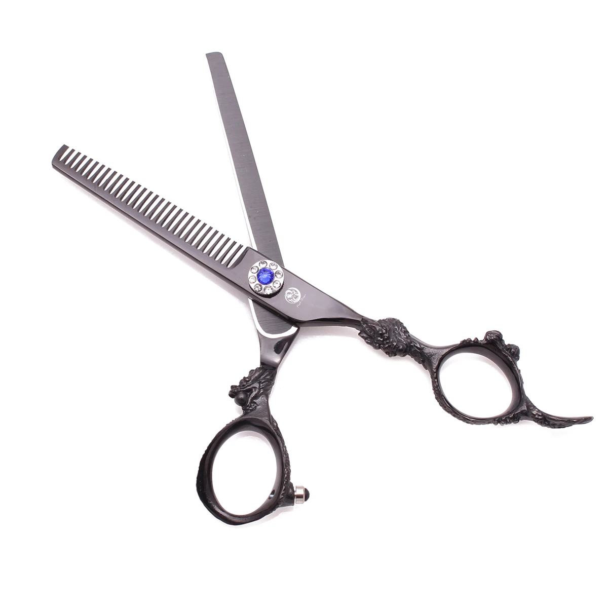 Барберские ножницы с сумкой Purple Dragon 5.5" Япония 440C для стрижки и разреживания волос 9004# черного цвета с рисунком на ручке.