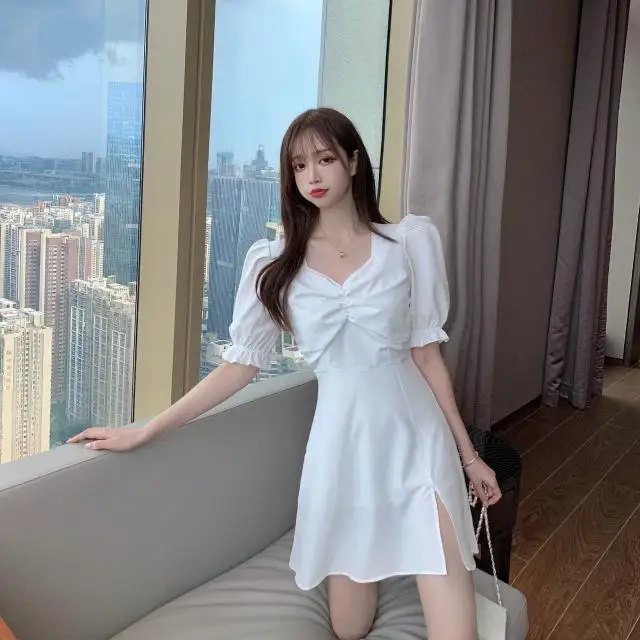 

2021 spring new retro V-neck show thin waist careful machine sexy split dress