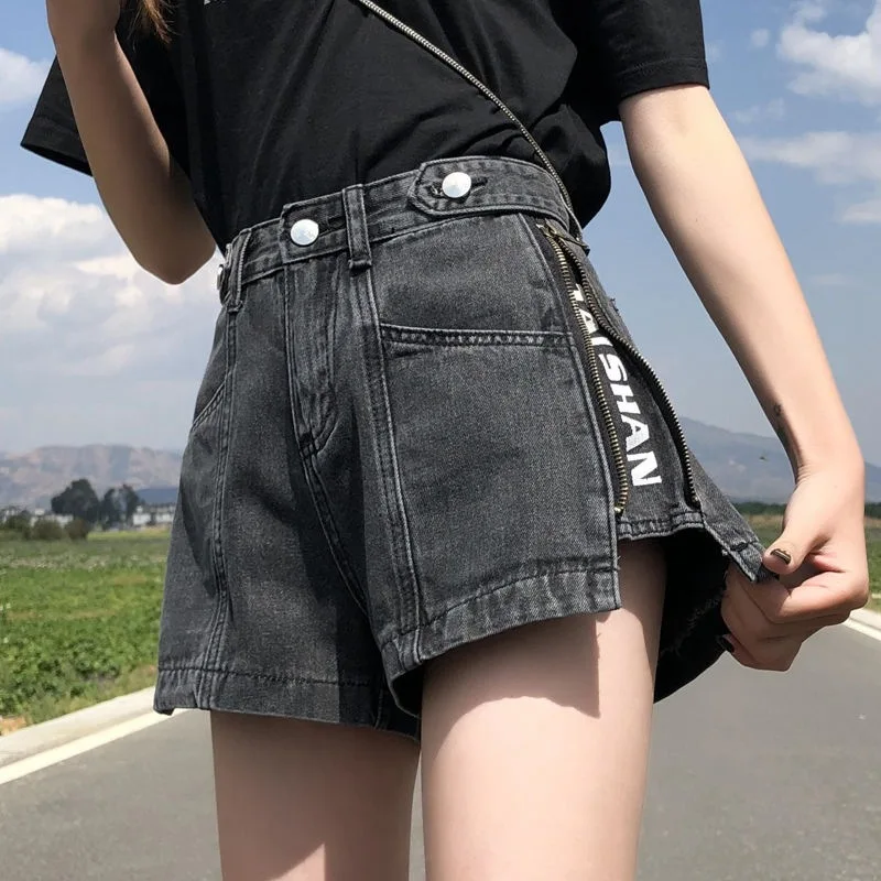 

Sexy Denim Shorts New Women's Zipper Letters Print Summer Ins Chic Harajuku Quality High Waist Loose Female Street Short Jeans