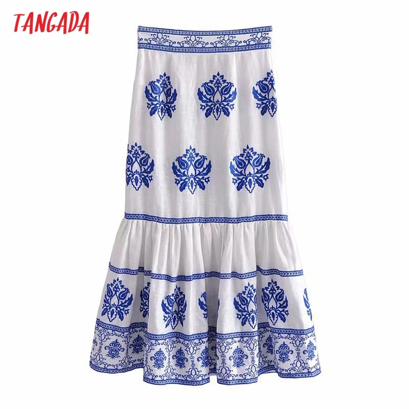 

Tangada Women Blue Embroidery Midi Skirt Faldas Mujer Strethy Waist Ladies Elegant Chic Mid Calf Skirts 3H766
