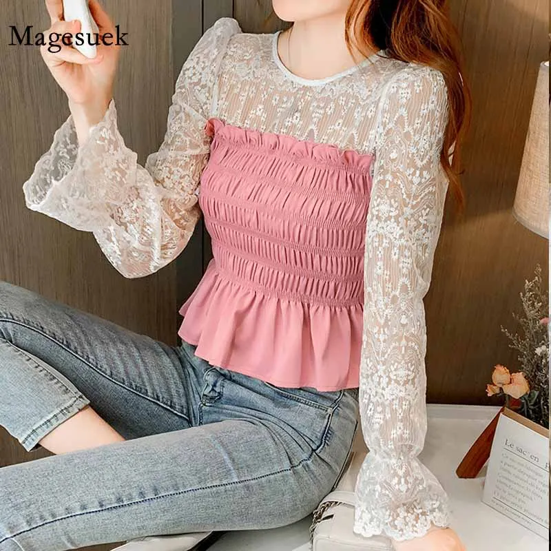 

Women 2020 Autumn Slimming Waist Ruffled Tops Pullover O-neck Pleated Shirts Sweet Lace Stitching Puff Long Sleeve Blouses 11908