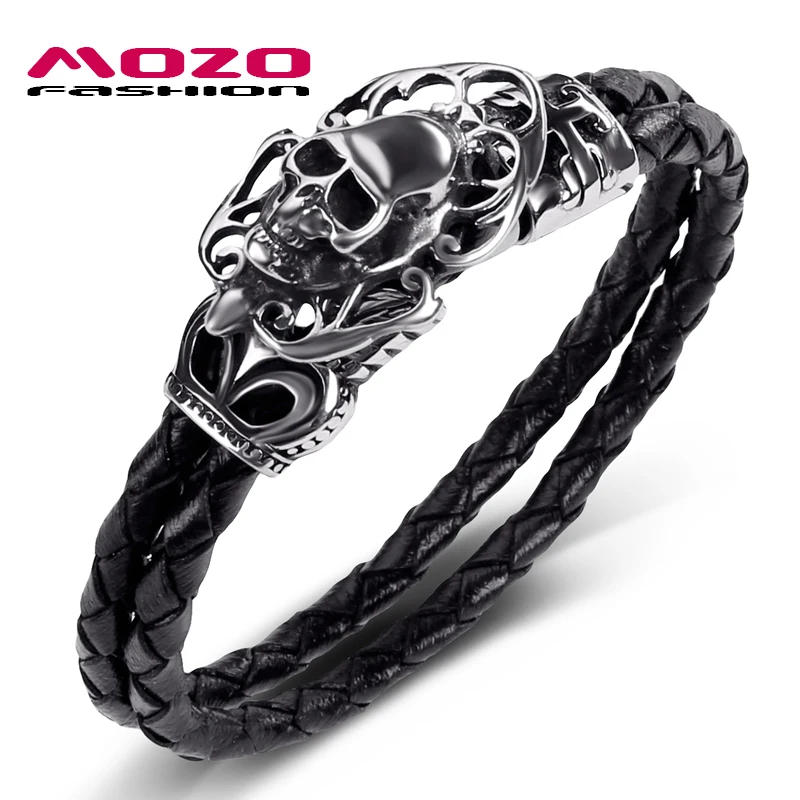 

Men 2020 New Jewelry Black Genuine Leather Bracelet Stainless Steel Hyperbole Skull Punk Charm Women Bangle