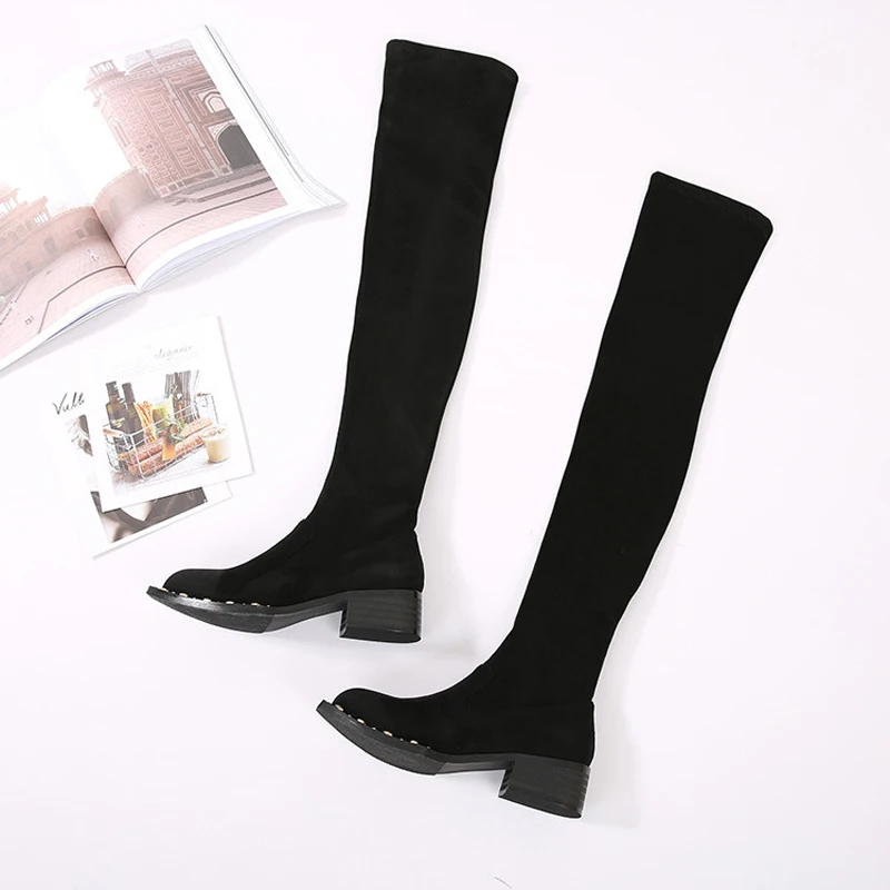 

2021 Winter Thigh High Boots Women Chunky Heels Long Boots Velvet Botas Mujer Sock Snow Shoes Woman Rivets Motorcycle Botines