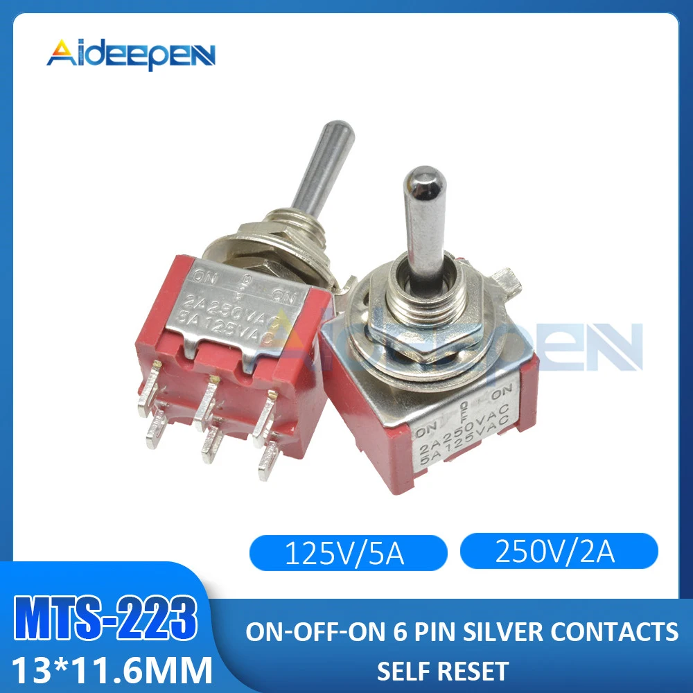 MTS-223 Red MTS-123 MTS-223 самосброс тумблер ВКЛ-ВЫКЛ-ВКЛ 3 Pin 6 контактный переключатель Серебряный контактор 125 В 5A 250 В 2A 3 положения переключатель - Цвет: MTS-223 Red