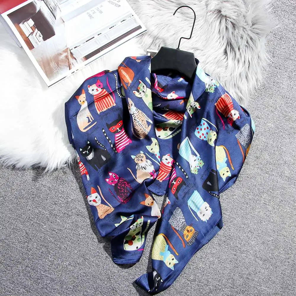 Милый роскошный атласный маленький квадратный шелковый шарф с принтом кота из