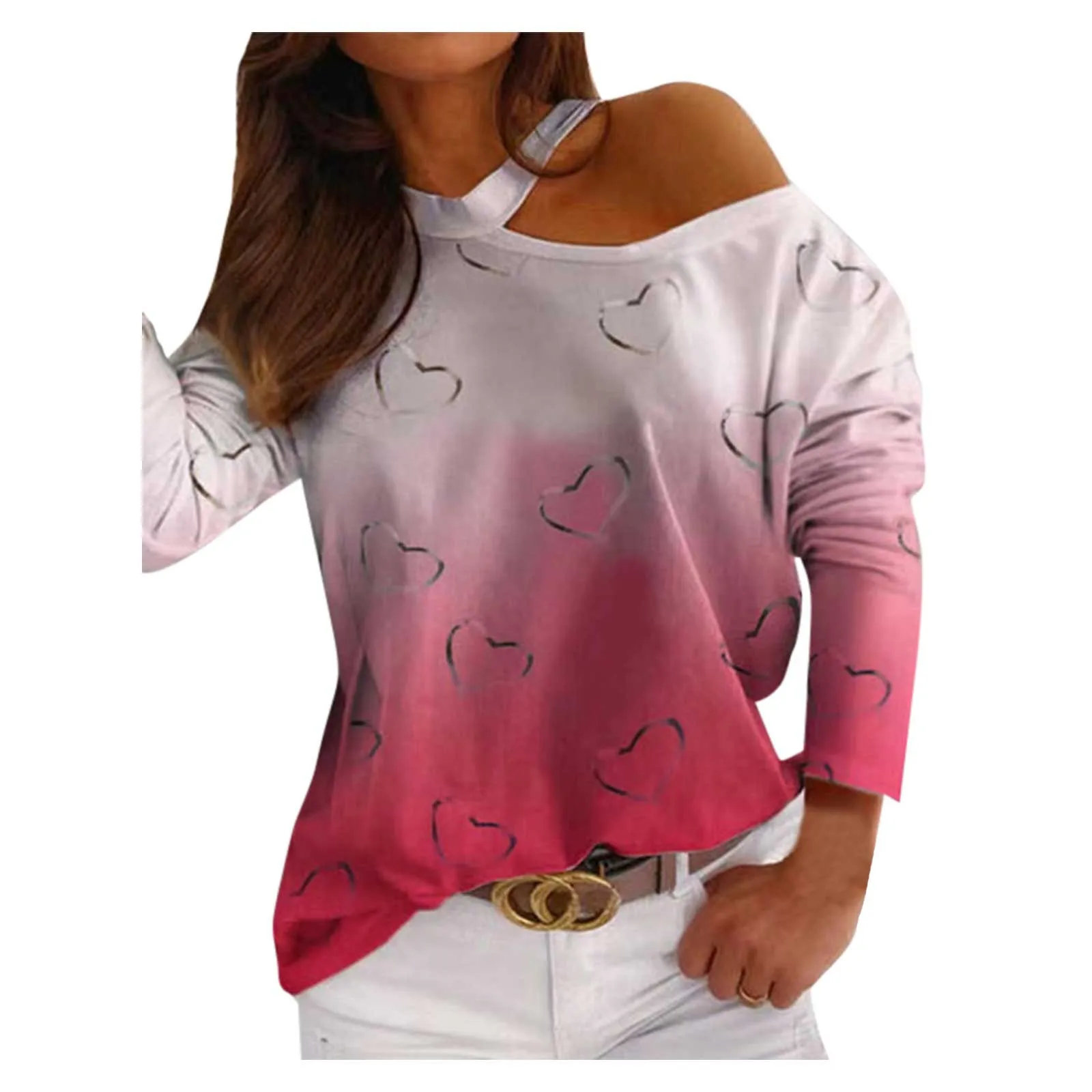 

Women's Lovely Love Print Loose Shoulder Fashion Short Sleeve Casual Top Fashion Single Strap Off Shoulder T-shirt Top S-3XL