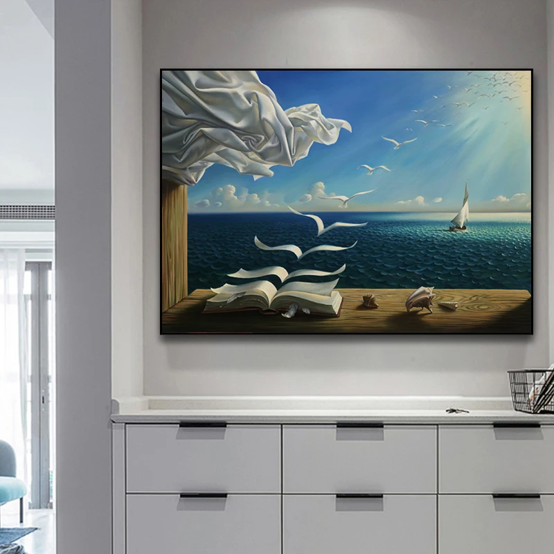 

Salvadores Dalies The Waves Book Sailboat Canvas Painting Print Living Room Home Decor Modern Wall Art Poster Artwork No Frame