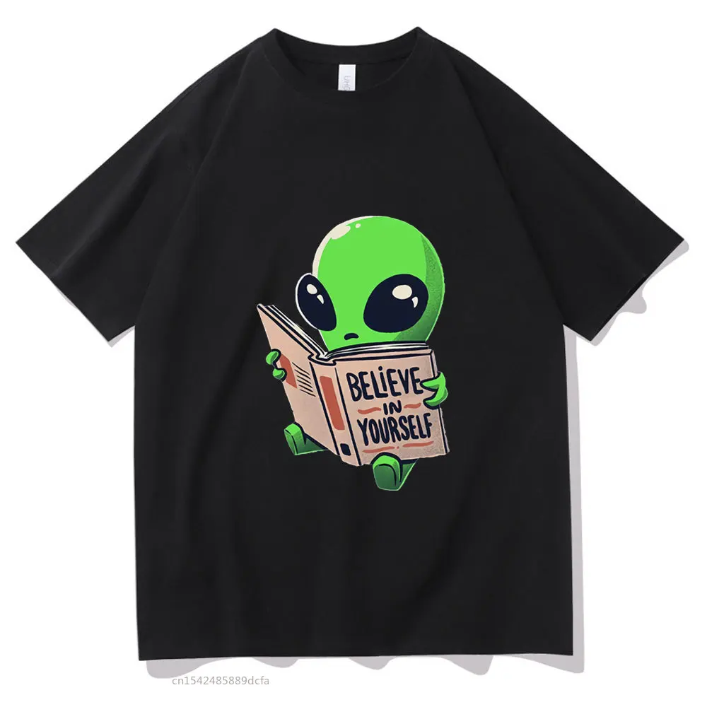 

Classic Cute Green Alien Prints Believe In Yourself T-shirt Couples Oversize Hip Hop Tshirt Harajuku Tops