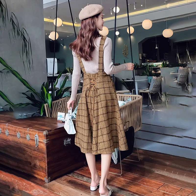 Коричневые Клетчатые Шерстяные Платья сарафан на бретелях спагетти в японском