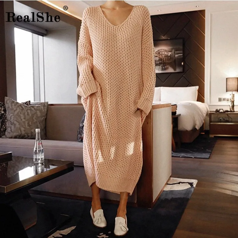 RealShe Осенний женский свитер 2019 v образный вырез длинный рукав платье для женщин