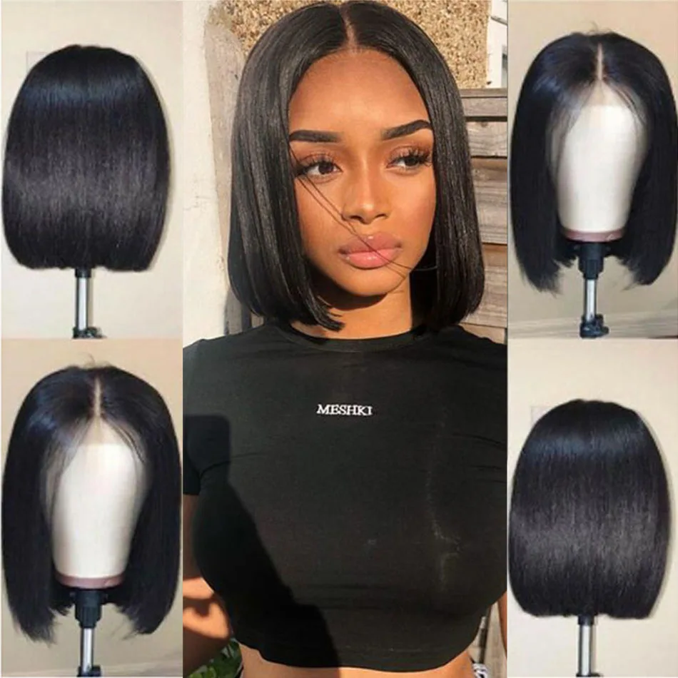 Jessenia Straight Short Bob100% virgin human hair wigs Lace Closure Wig 8-14inch 4X4 Pixie Cut Brazilian Remy Hair PrePlucke | Шиньоны и