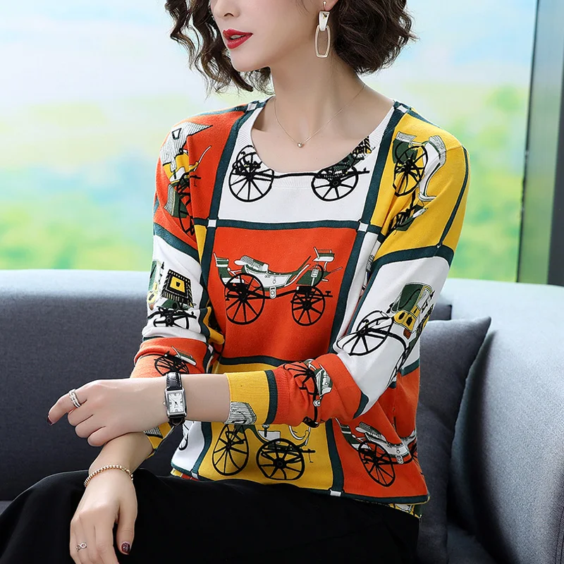 Loose Sweater Knitwear Pullovers Women Long Sleeve Autumn Winter Carriage Printed Fashion Comfortable Knitted Sweaters | Женская одежда