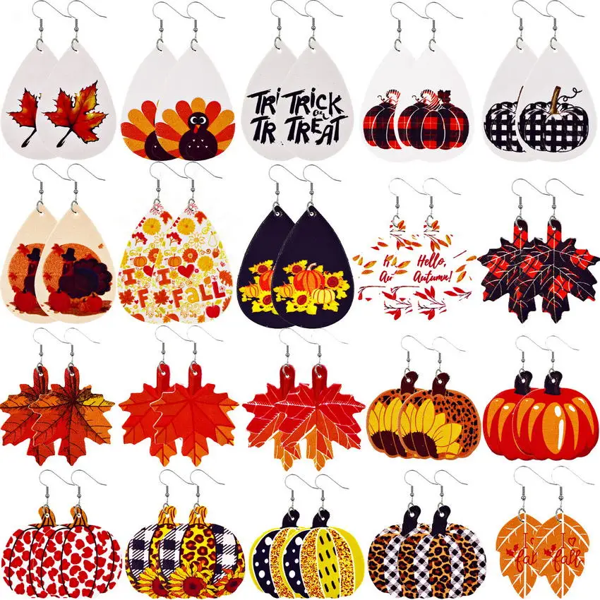 

Free Shipping 2021 Fall Statement Earrings Colour Printing Leaf Pumpkin Dangle Earrings for Women Halloween Jewelry Wholesale