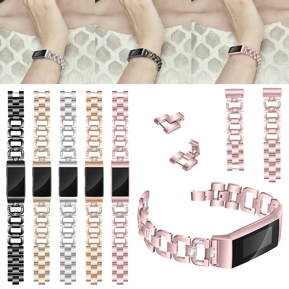 

For Fitbit Charge 3 Watchbands Fashion D-shaped Replacement Strap Stainless Steel Bracelet Band Women Smart Watch Accessories