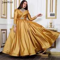 janevini luxury gold satin evening dresses puffy skirt high neck 2020 arabic dubai rhinestone a line plus size long sleeve gown