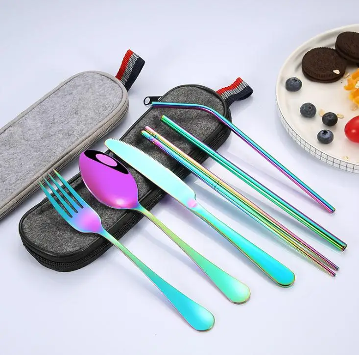 

Portable flatware set 5 colors tableware 8pcs/sets outing dinnerware stainless steel straw brush spoon fork chopsticks knife