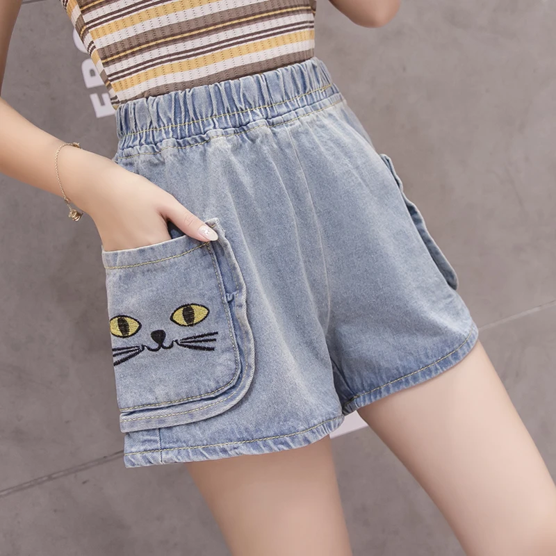 2019 New Summer Mori Girl Embroidery Cat Jeans Woman Pocket Wide Leg High Waist Shorts Plus Size S-5XL YY493 | Женская одежда