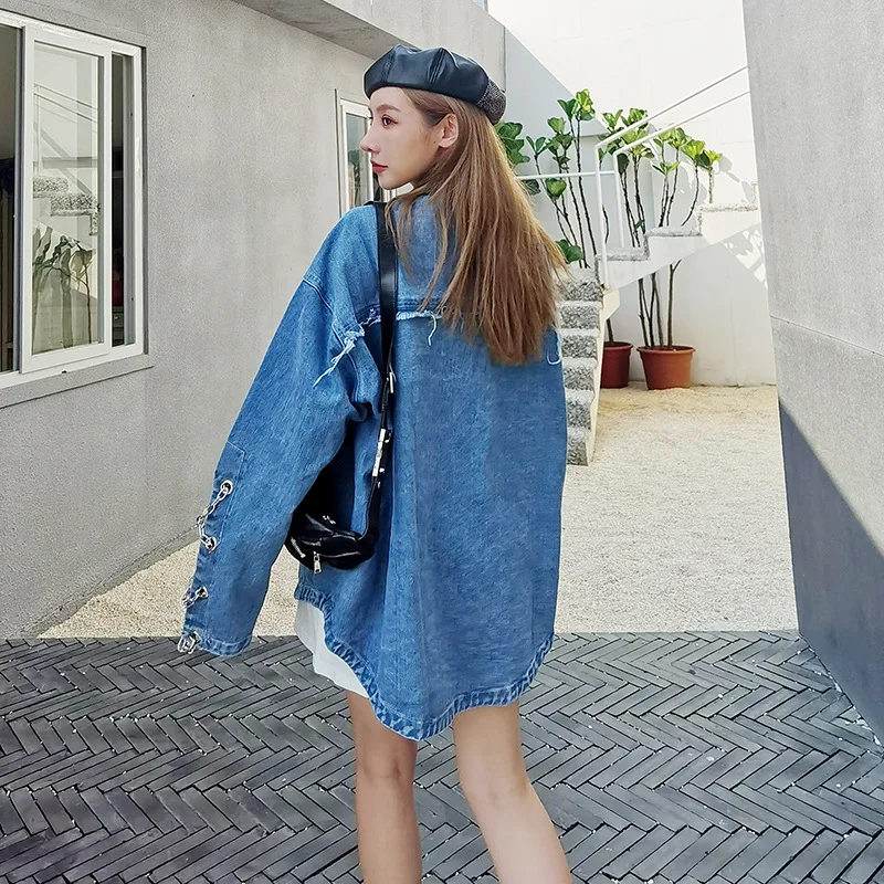 

QING MO 2020 Autumn New Women Denim Jacket Outwear Women All Match Casual Jacket Female Metal Chain Decorate ZQY5521Y5419