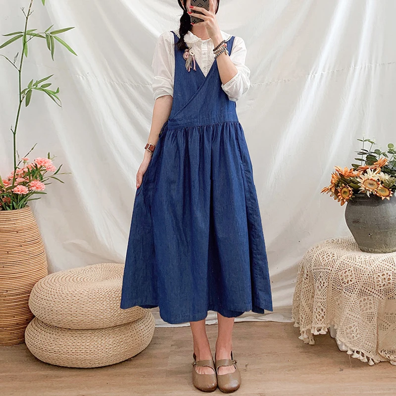 

Женское джинсовое платье без рукавов Johnature, свободное винтажное платье с V-образным вырезом и завязками, универсальная одежда из денима для ...