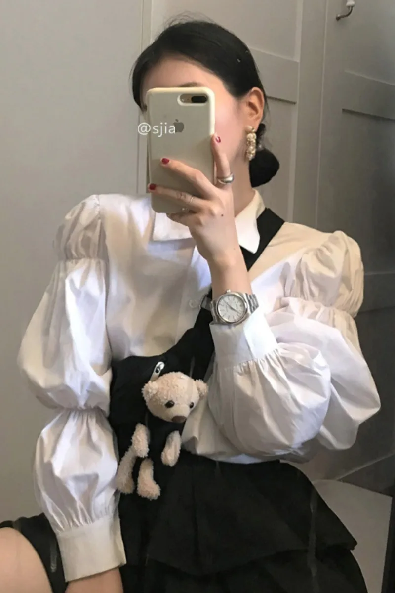 

French Sweet Girl Cute White Cotton Shirts Pleated Puff Lantern Full Sleeve Feminine Blouses Single Breasted Doll Shirt Women