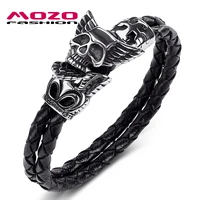 black double layer leather bracelet fashion male jewelry stainless steel punk feather wings skulls hot sale bangle ps1025