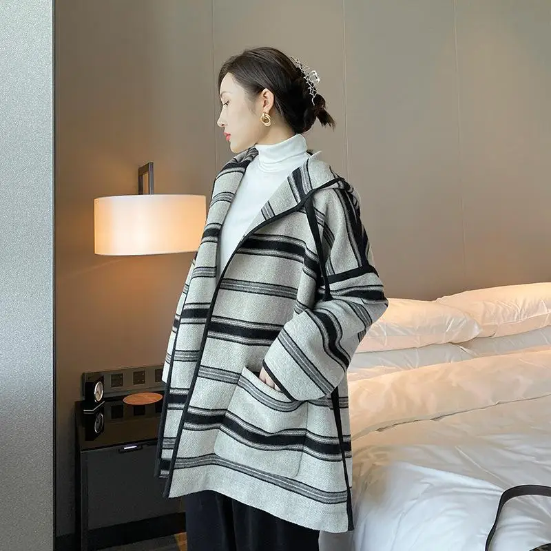 

Striped Wool Coat Double-Sided Woolen Hooded Coat Women Loose Lazy Style Korean Fashion Oversize Jacket 2021 New Winter Clothes