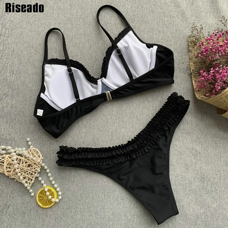 

Riseado Push Up Bikini Ruffle Women's Swimsuit Swimwear Solid Beachwear Thong Sexy Biquini V-neck Bathing Suit 2021 Summer