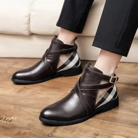 2020 mens pu leather boots buckle design plaid ankle high fashion boots casual top quality low heel assorted male boots tv866