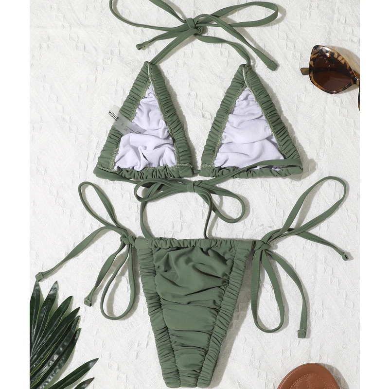

Triangle Beachwear Bandage Swimsuit Green Bikini Swimming Suit Folds Swimwear Women Halter Bikini Strings Women Bathing Suit