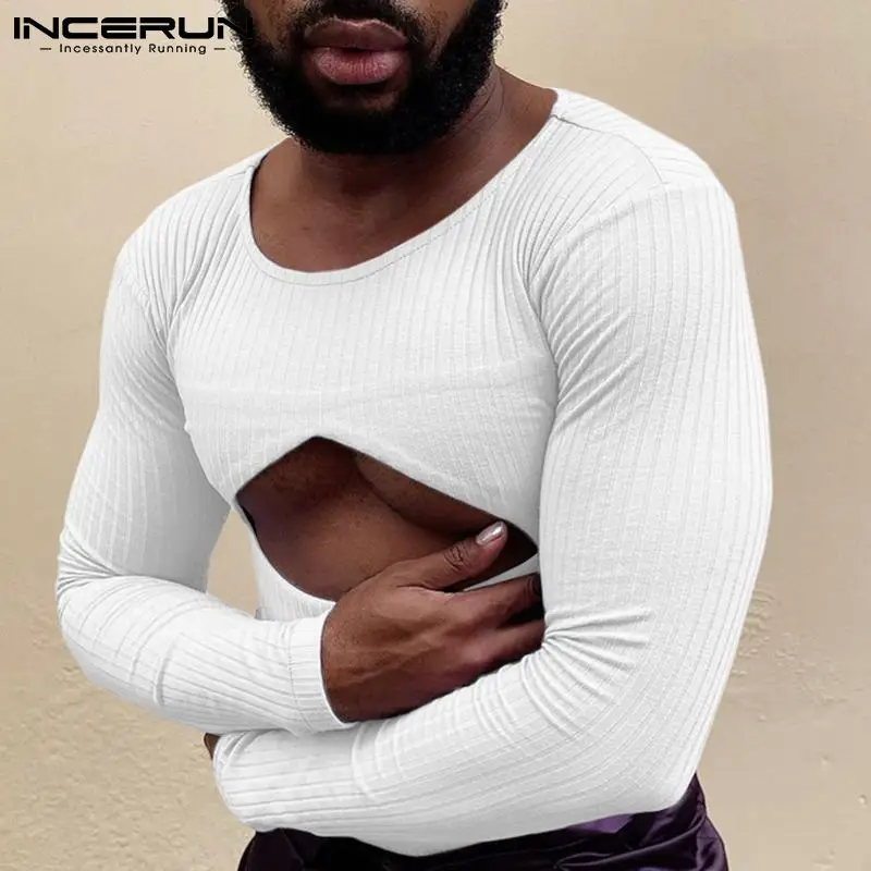 

Handsome Well Fitting Men Solid Comfortable Camiseta Knitted Hollow Tees Male Fashion Long Sleeve Stretch T-shirts S-5XL INCERUN