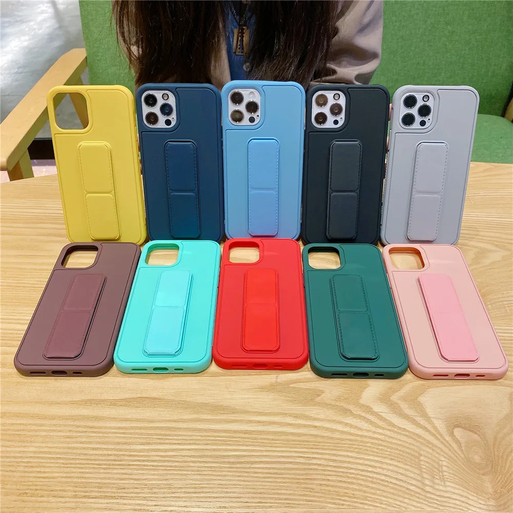 

Simple Candy Color Holder Bracket Phone Case For iphone 12 11 Pro Max X XS XR 7 8 plus Soft Silicone Fall-anti Wrist Strap Cover