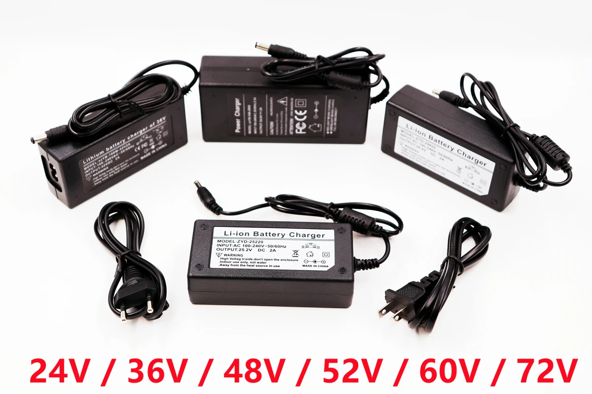 

24V 36V 48V 52V 60V 72V Rechargeable Lithium ion Battery pack Charger 100~240V AC, used for Electric bicycle lithium Batteries
