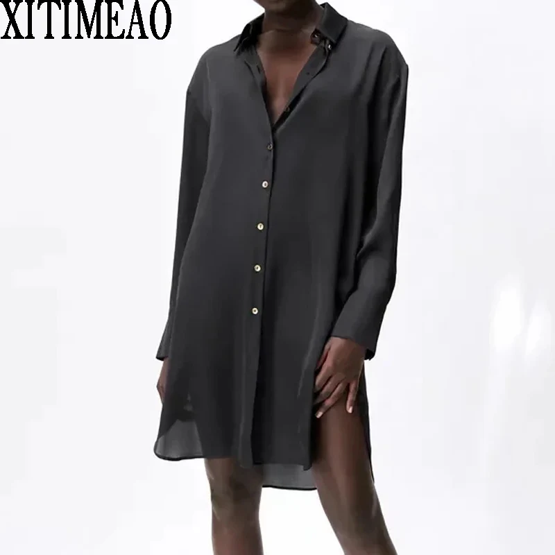 Женское винтажное мини платье Za черное однотонное с отложным воротником и