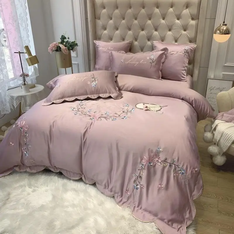 

Шикарный комплект постельного белья с цветочной вышивкой, атласный, как шелк, роскошный белый, розовый комплект постельного белья, хлопкова...