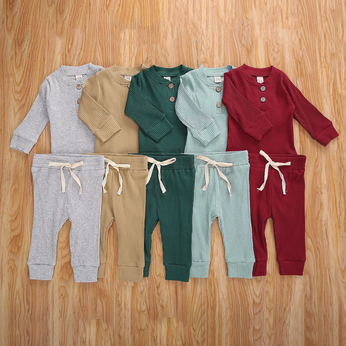 

0-24M Infant Newborn Baby Girls Boys Ribbed Outfits Solid Long Sleeve Bodysuits + Elastic Pants Spring Autumn 2PCs Clothes Sets