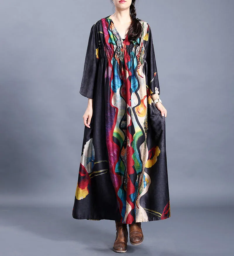 

2020 Spring Autumn New Large Size Loose National Style Retro Women's 3/4 sleeve Printed Silk Dress Ladies V-neck Dresses m246