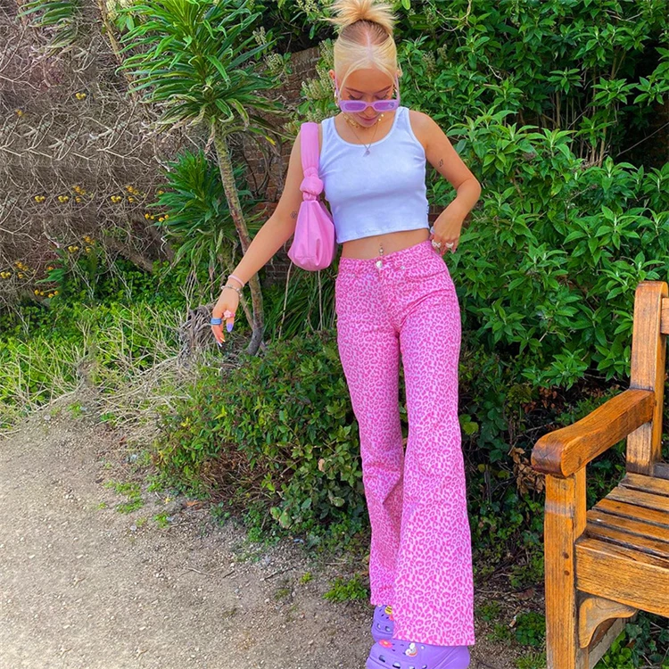 Джинсы женские расклешенные розовые с леопардовым принтом Хлопковые Штаны клеш
