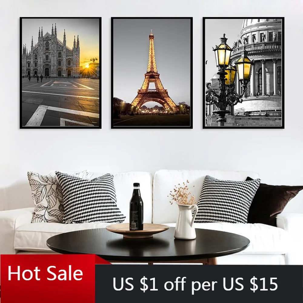 Скандинавский стиль черная Белая Башня уличная лампа Картина на холсте