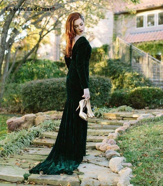 

vestido para boda New Elegant V Neck Velvet Long embroidered Ruched Split Backless dark green mermaid Bridesmaid Dresses long