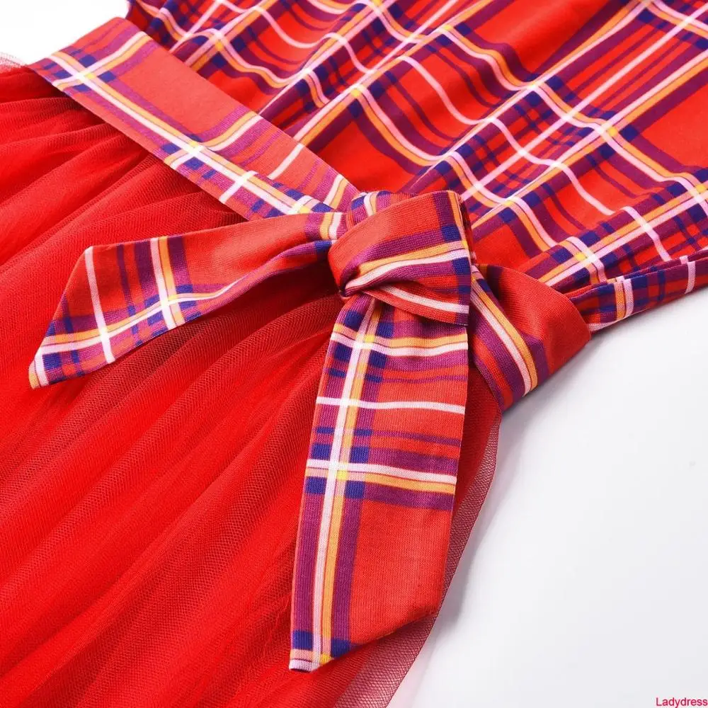 

2020 new Christmas Red Plaid Long Sleeve Dress Mother Daughter Costume Casual O Neck Mesh Yarn Patchwork Belt Party Parent-child