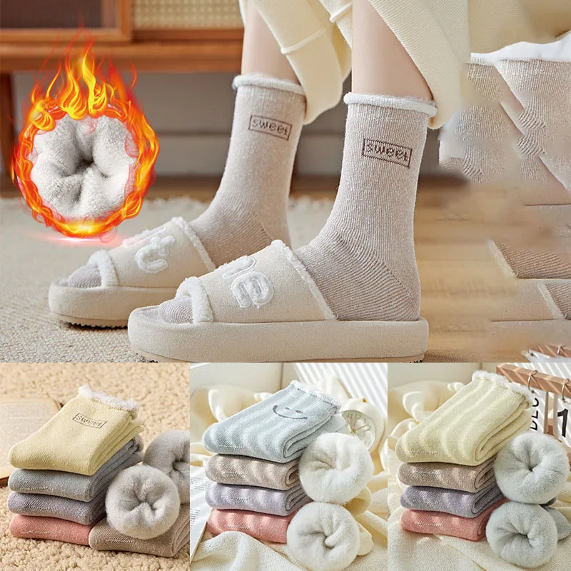 

3Pairs/lot Women Winter Warm Thicken Thermal Soft Casual Solid Color Socks Wool Cashmere Home Snow Boots Velvet Home Floor Sock