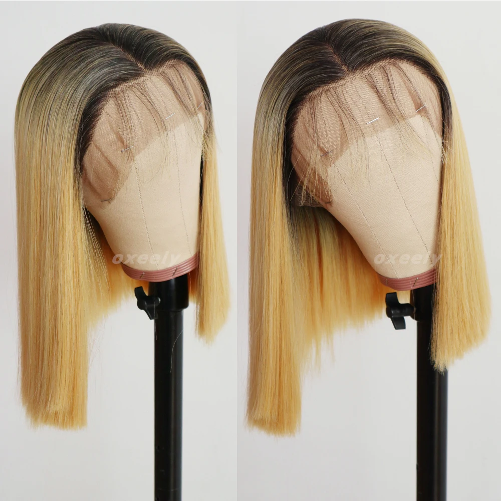 

Oxeely 13x 4, кружевные передние парики, короткий Боб, желтый цвет Омбре, синтетические волосы, Искусственная линия волос, без клея для женщин