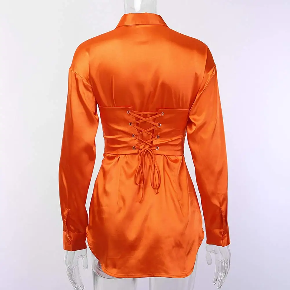 

Women Sexy Dress Bodycon Autumn Solid Color Lapel V Neck Long Sleeve Satin Shirt Backless Mini Dress Evening Party Club