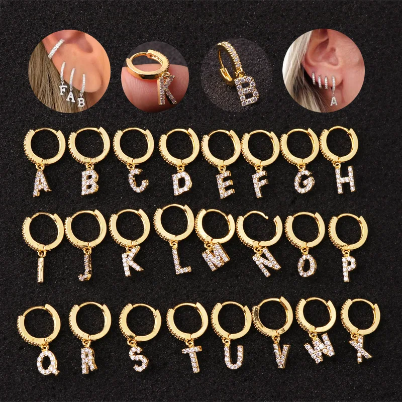 Sellsets 1 Piece Women 26 Initial Letter Gold Silver CZ Circle Hoop Ear Piercing Jewelry Lobe Earrings For Girl | Украшения и