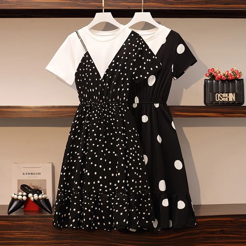 

4XL Plus Size Women Retro Polka Dot Print Dresses Summer 2021 Cotton Short Sleeve Patchwork Diamond Chiffon Ruffle Midi Dress